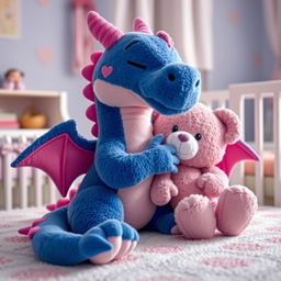 a plush dragon with female characteristics, cuddling and playfully interacting with a plush bear with feminine features, in a cozy and vibrant nursery room