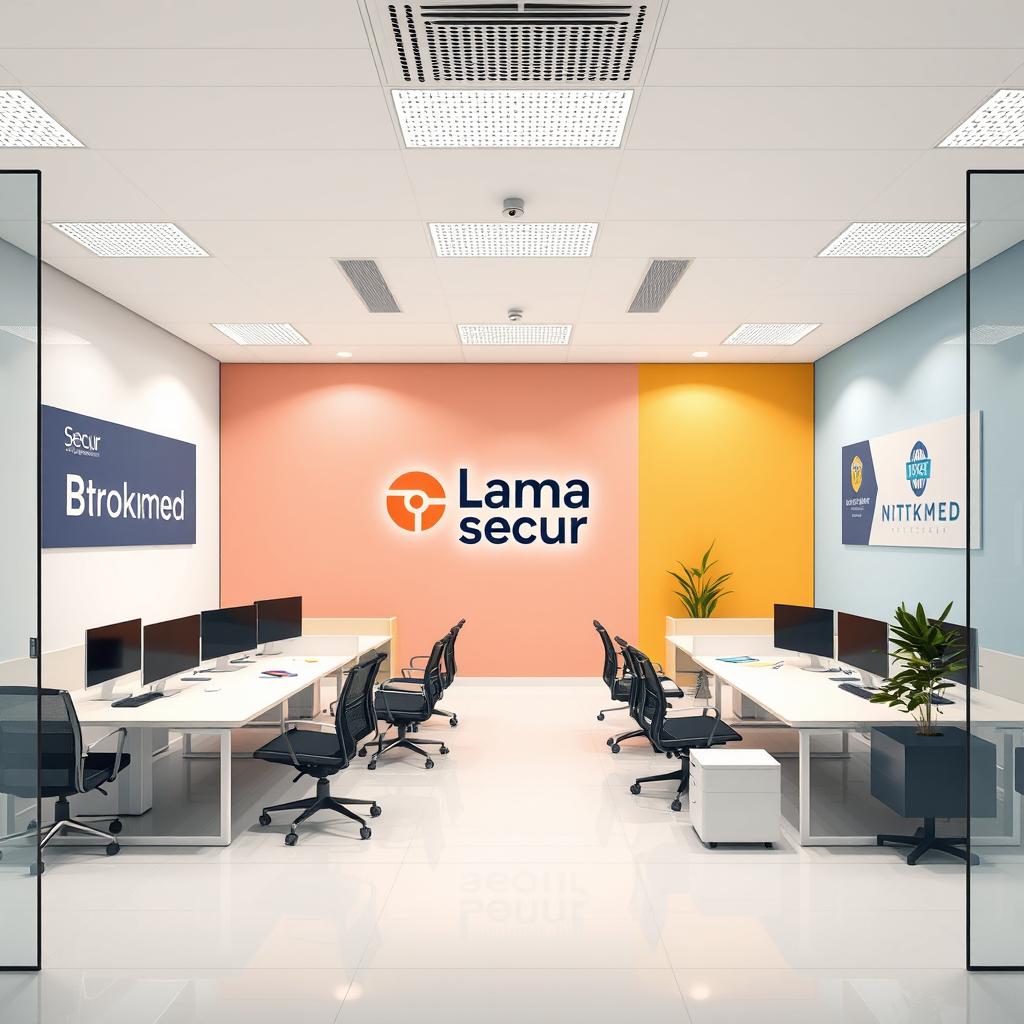 Design of a commercial office space named Llama Grupo Secur, incorporating branding elements of the associated brands: Brokmed, Watchmen, Securityschool, and Intelligy Group