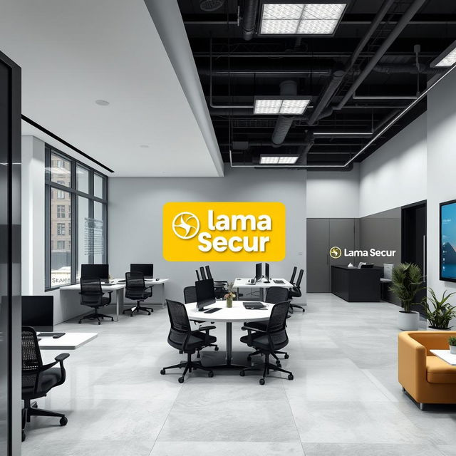 Design of a commercial office space named Llama Grupo Secur, incorporating branding elements of the associated brands: Brokmed, Watchmen, Securityschool, and Intelligy Group