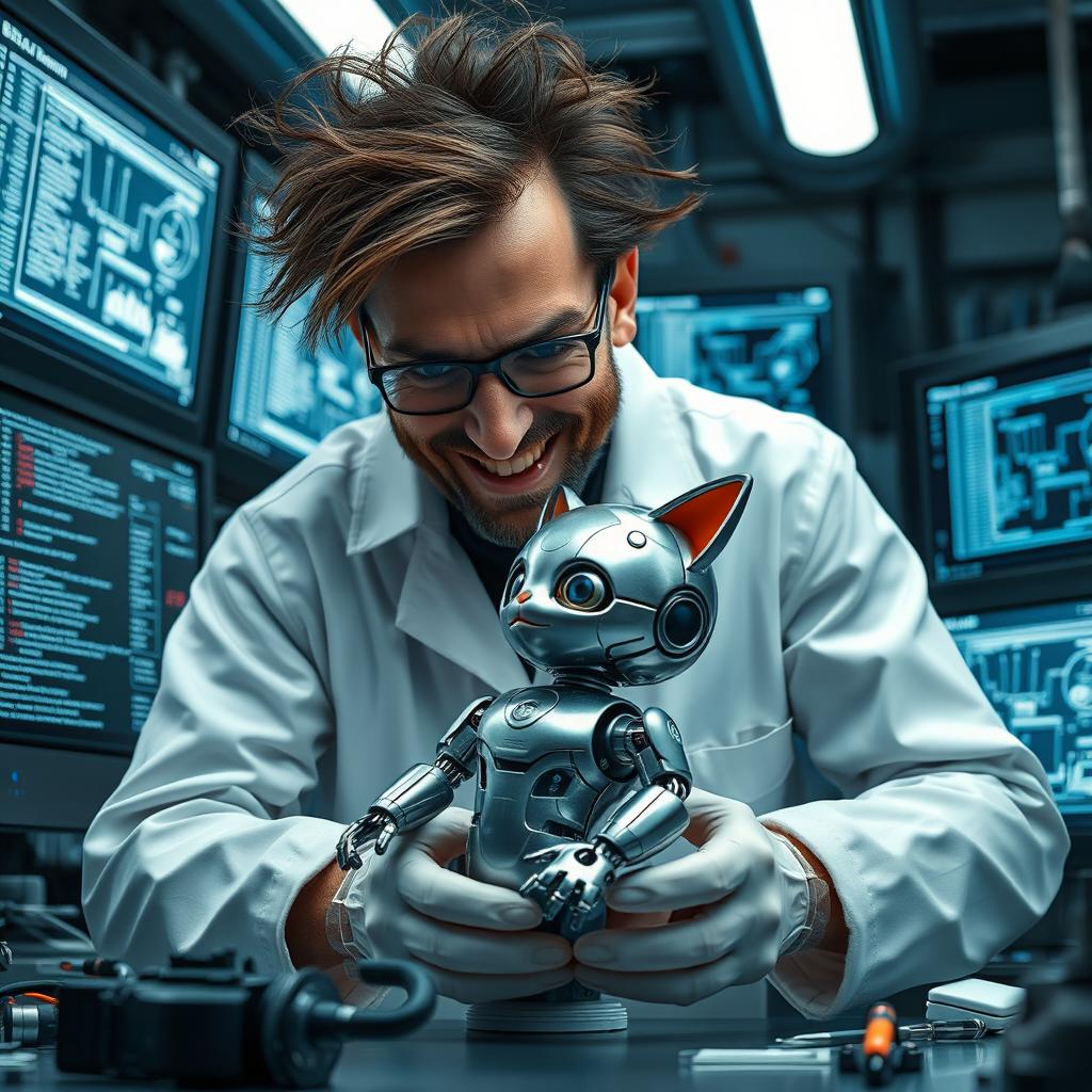 A robotic baby named Miau being created in a futuristic laboratory