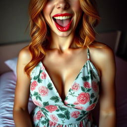 An extreme close-up of a stunning redhead woman with a floral pattern sundress