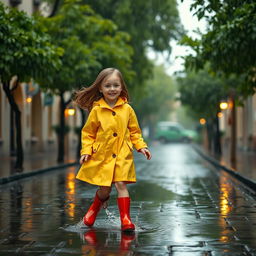 A girl walking gracefully under a soft rain with raindrops creating ripples in puddles around her