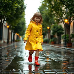 A girl walking gracefully under a soft rain with raindrops creating ripples in puddles around her