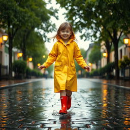 A girl walking gracefully under a soft rain with raindrops creating ripples in puddles around her