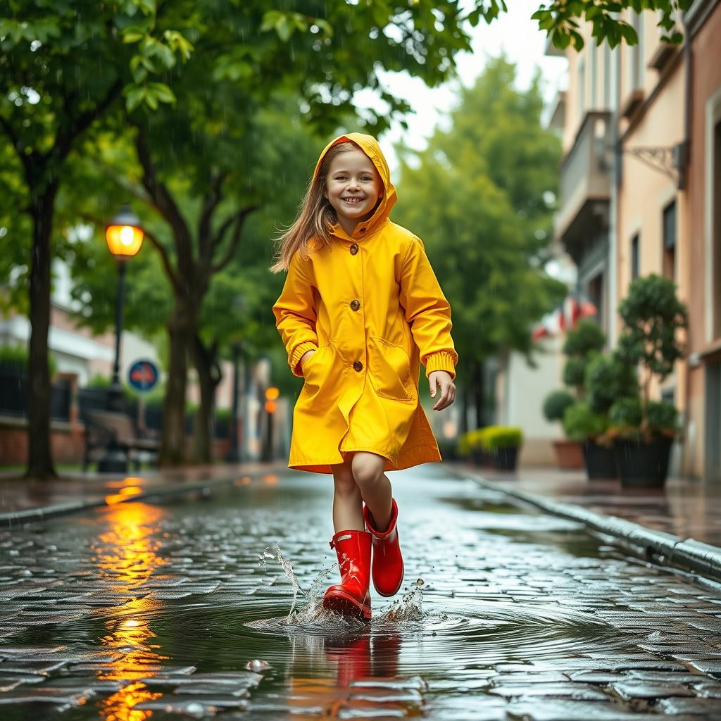 A girl walking gracefully under a soft rain with raindrops creating ripples in puddles around her