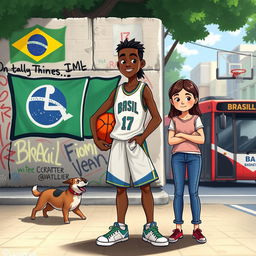 Animated book cover illustrating a 17-year-old male basketball player with a braided hairstyle, wearing a casual basketball jersey and shorts, standing confidently with a basketball under his arm