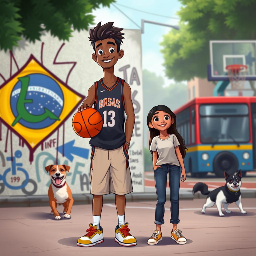 Animated book cover illustrating a 17-year-old male basketball player with a braided hairstyle, wearing a casual basketball jersey and shorts, standing confidently with a basketball under his arm