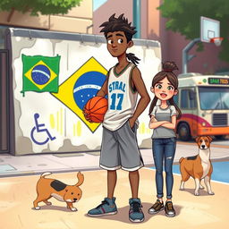 Animated book cover illustrating a 17-year-old male basketball player with a braided hairstyle, wearing a casual basketball jersey and shorts, standing confidently with a basketball under his arm