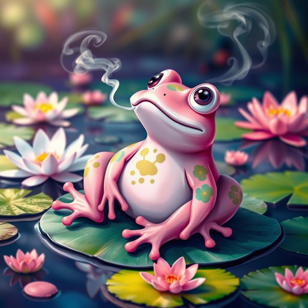 A whimsical pink frog sitting relaxed on a lily pad, exhaling a cloud of smoke with a dreamy look in its eyes, surrounded by water lilies and a serene pond environment