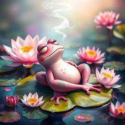 A whimsical pink frog sitting relaxed on a lily pad, exhaling a cloud of smoke with a dreamy look in its eyes, surrounded by water lilies and a serene pond environment