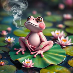 A whimsical pink frog sitting relaxed on a lily pad, exhaling a cloud of smoke with a dreamy look in its eyes, surrounded by water lilies and a serene pond environment