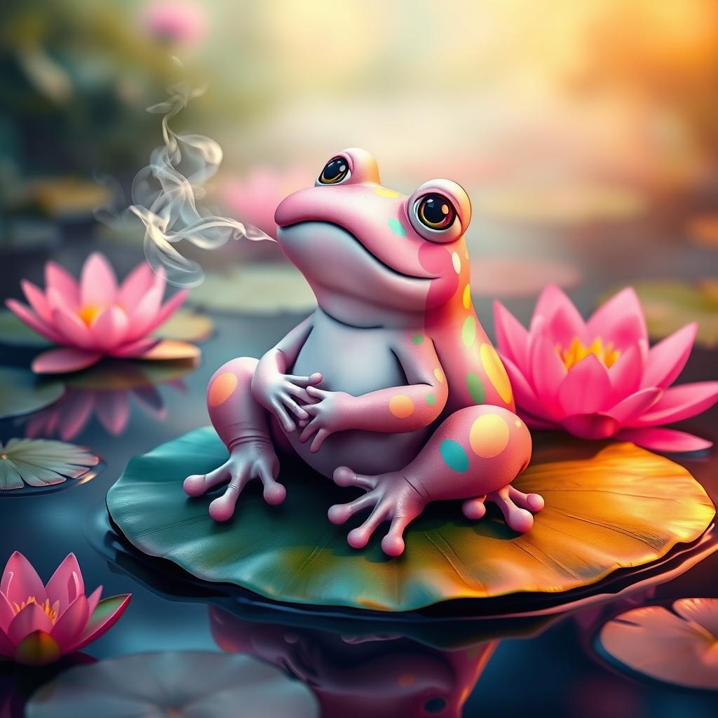 A whimsical pink frog sitting relaxed on a lily pad, exhaling a cloud of smoke with a dreamy look in its eyes, surrounded by water lilies and a serene pond environment