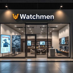 A modern and sleek commercial storefront design for a business named "Watchmen" specializing in personalized self-protection plans