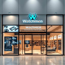 A modern and sleek commercial storefront design for a business named "Watchmen" specializing in personalized self-protection plans