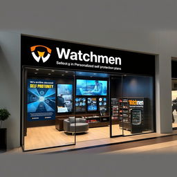 A modern and sleek commercial storefront design for a business named "Watchmen" specializing in personalized self-protection plans