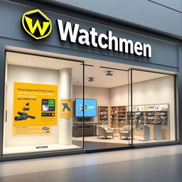 A modern and sleek commercial storefront design for a business named "Watchmen" specializing in personalized self-protection plans