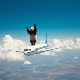 A panda performing a handstand on top of an airplane