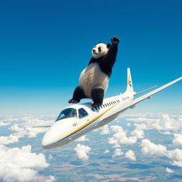 A panda performing a handstand on top of an airplane