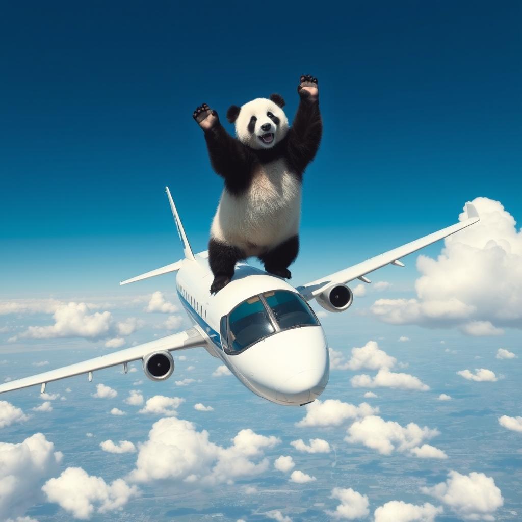 A panda performing a handstand on top of an airplane