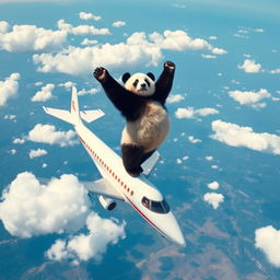 A panda performing a handstand on top of an airplane