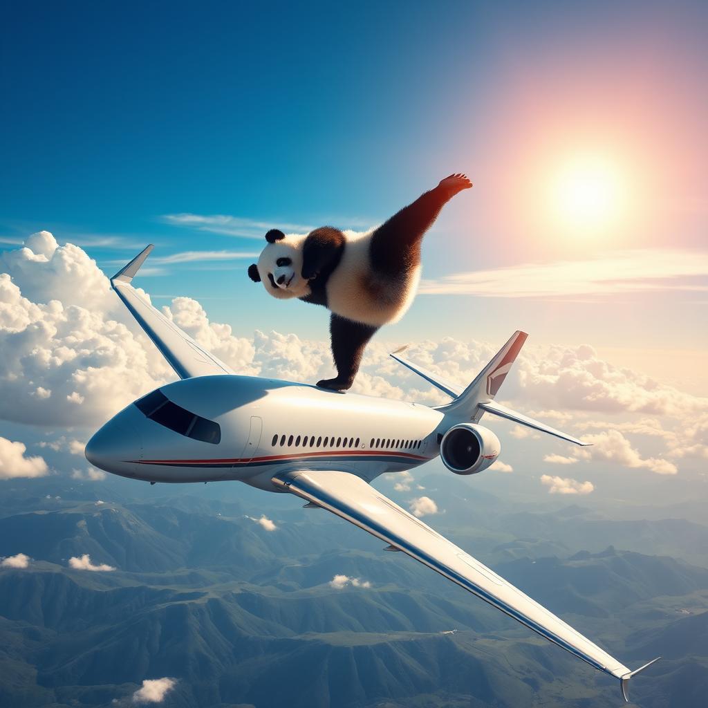 A panda doing a handstand on top of an airplane