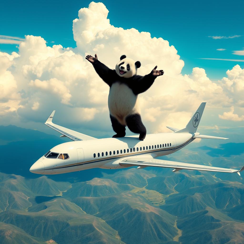 A panda doing a handstand on top of an airplane