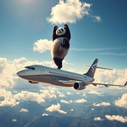 A panda doing a handstand on top of an airplane