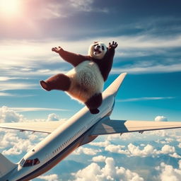 A panda doing a handstand on top of an airplane