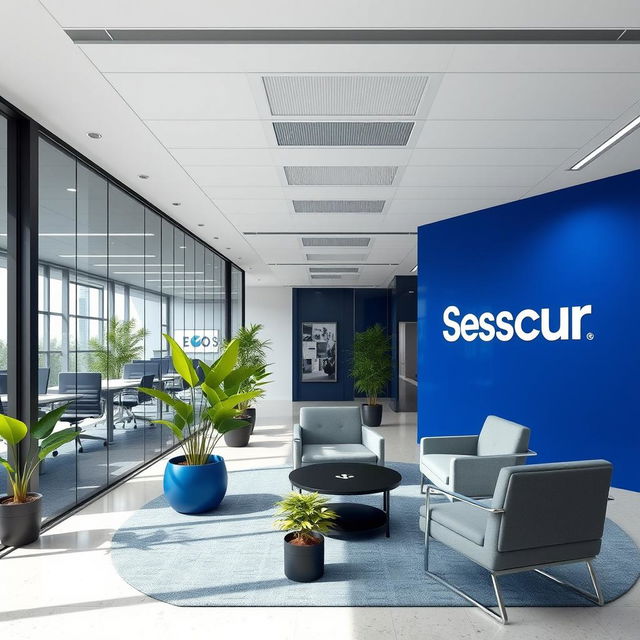 Design of an office space branded as Gruposecur, featuring modern and corporate aesthetics