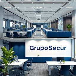 Design of an office space branded as Gruposecur, featuring modern and corporate aesthetics