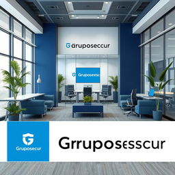 Design of an office space branded as Gruposecur, featuring modern and corporate aesthetics