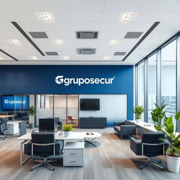 Design of an office space branded as Gruposecur, featuring modern and corporate aesthetics