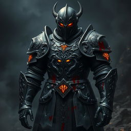 A striking image of black full plate armor, heavily stained with the remnants of blood and infused with demonic magic