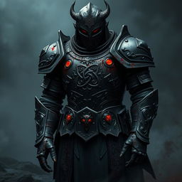 A striking image of black full plate armor, heavily stained with the remnants of blood and infused with demonic magic