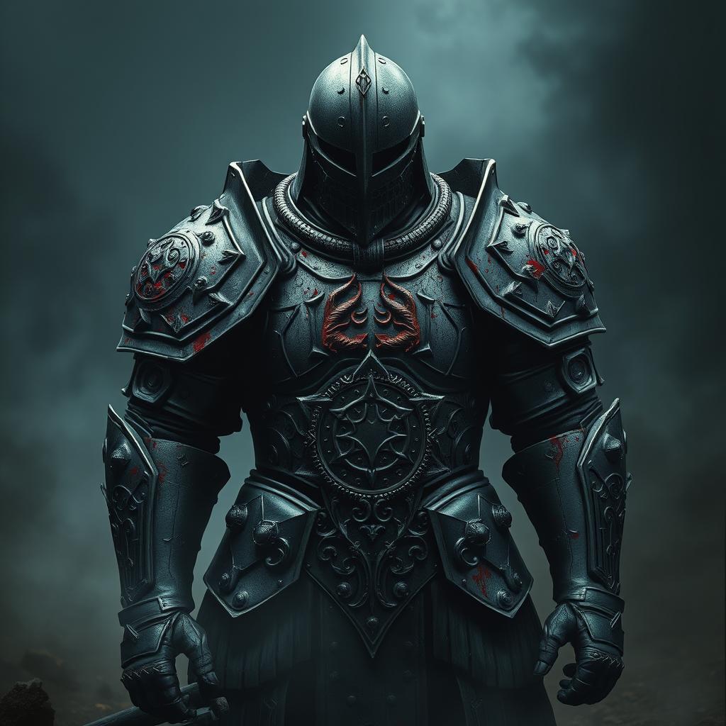 A striking image of black full plate armor, heavily stained with the remnants of blood and infused with demonic magic