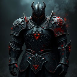 A striking image of black full plate armor, heavily stained with the remnants of blood and infused with demonic magic