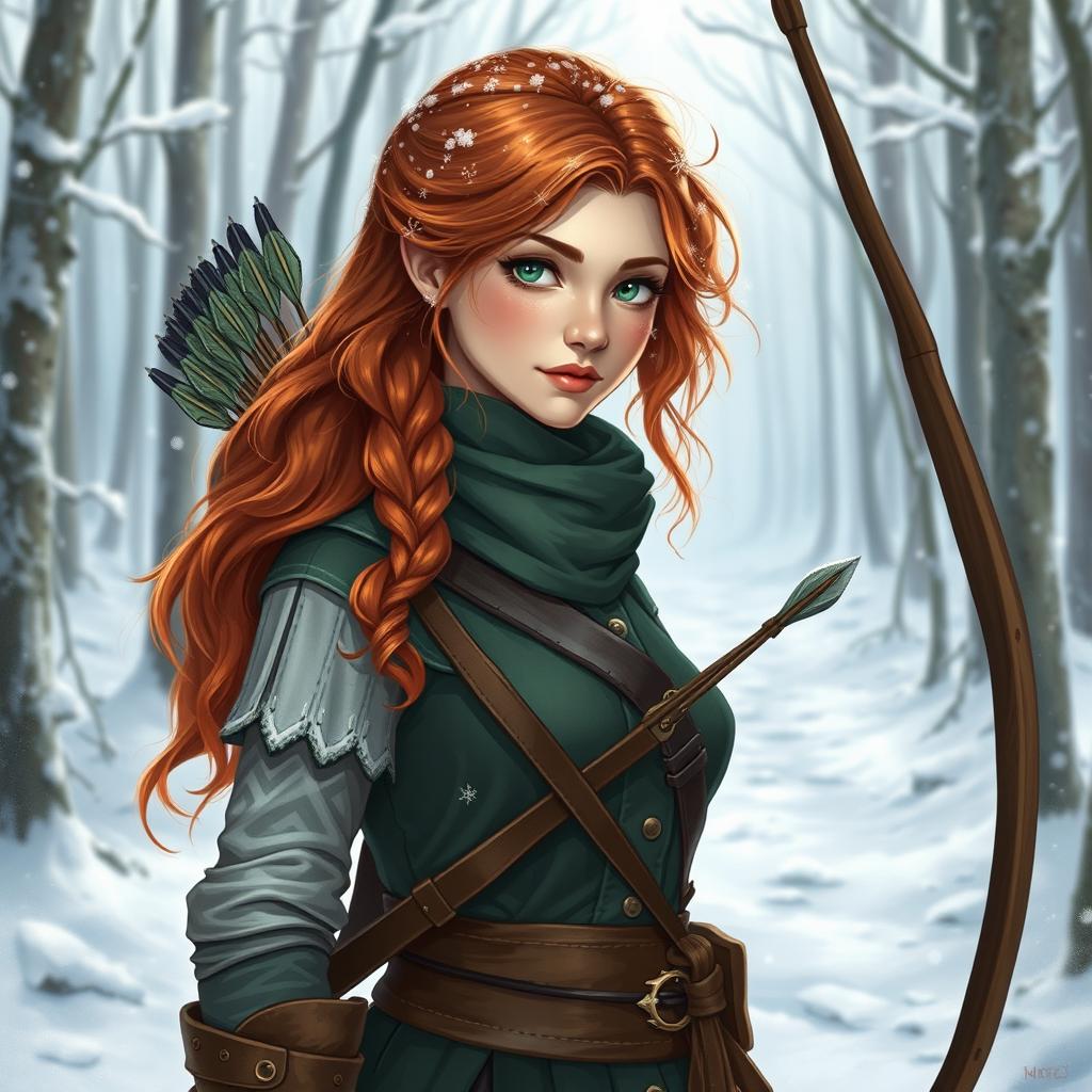 A captivating illustration of Anna as a winter eladrin ranger