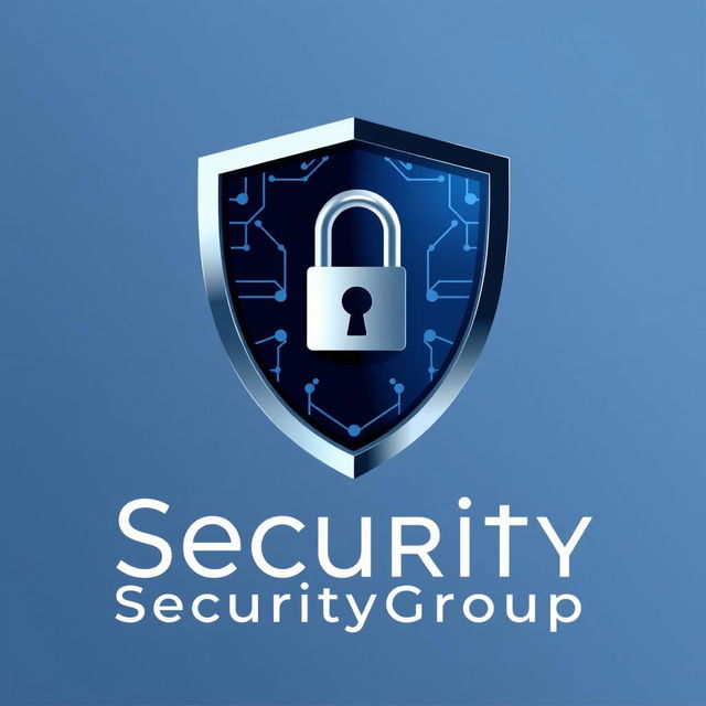 Design a modern and professional logo for "SecurityGroup", featuring a sleek shield with integrated elements symbolizing security and protection