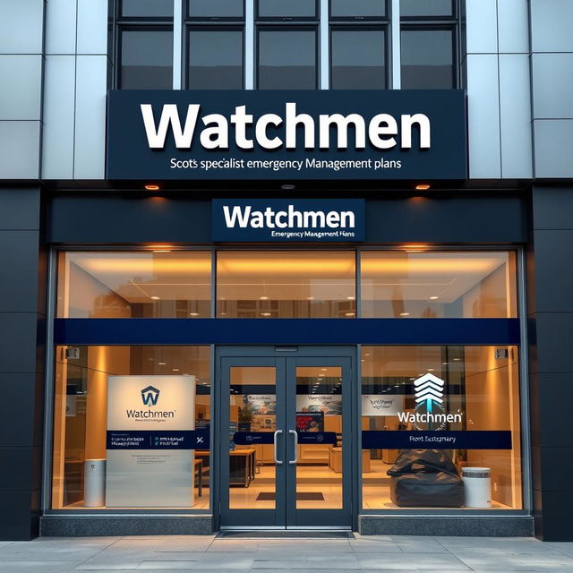 Front design of a commercial store for a company specializing in emergency management plans named "Watchmen"