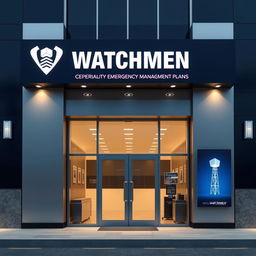 Front design of a commercial store for a company specializing in emergency management plans named "Watchmen"