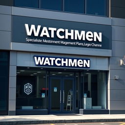 Front design of a commercial store for a company specializing in emergency management plans named "Watchmen"