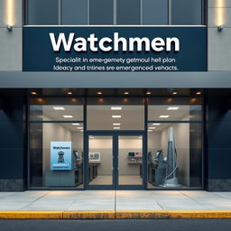 Front design of a commercial store for a company specializing in emergency management plans named "Watchmen"