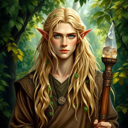 A striking portrayal of a blonde half-elf male druid, set against a lush and vibrant forest backdrop