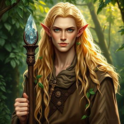 A striking portrayal of a blonde half-elf male druid, set against a lush and vibrant forest backdrop