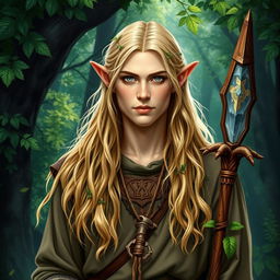 A striking portrayal of a blonde half-elf male druid, set against a lush and vibrant forest backdrop