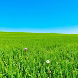 A lush, expansive field of green grass, gently waving in the breeze under a clear blue sky