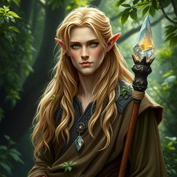 A striking portrayal of a blonde half-elf male druid, set against a lush and vibrant forest backdrop