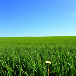 A lush, expansive field of green grass, gently waving in the breeze under a clear blue sky