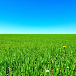 A lush, expansive field of green grass, gently waving in the breeze under a clear blue sky