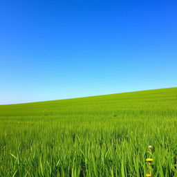 A lush, expansive field of green grass, gently waving in the breeze under a clear blue sky